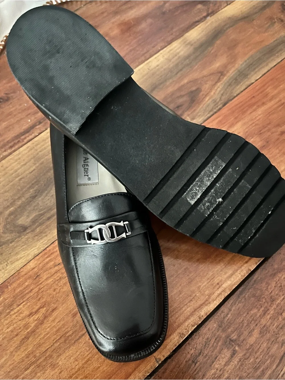 Etienne Aigner Black Leather Loafers with Silver Hardware